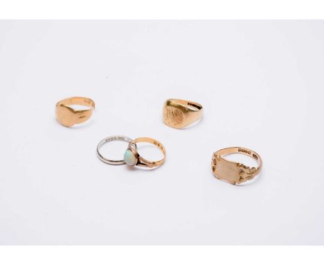 Two 9ct gold signet rings, sizes L 1/2 and R 1/2, together with a gold split ring, total weight approx 12.5g, a 22ct gold opa