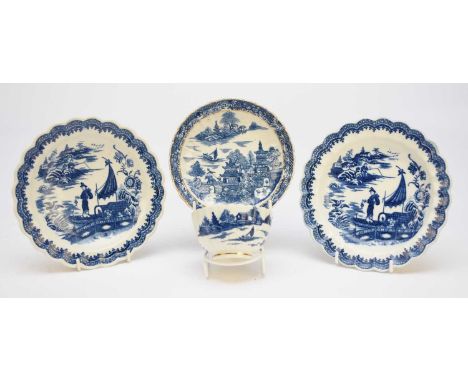 A group of Caughley comprising a pair of Pleasure Boat or Fisherman pattern dessert plates, circa 1785, transfer-printed in u