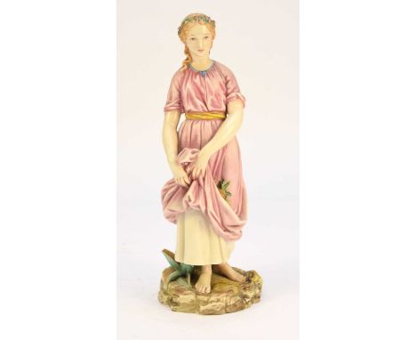 An unusual Royal Worcester model of a woman carrying a pineapple in her dress, late 19th century, on a naturalistic base, imp