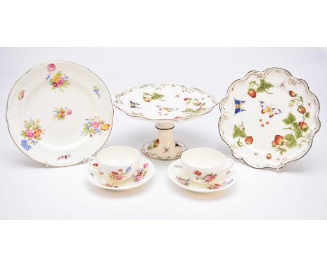 A Coalport bone china dessert service, of 'silver' shape, 20th century, transfer-printed and hand-tinted with a pattern featu