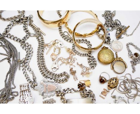 A collection of various pieces of costume jewellery, to include; two silver Alberts, a silver five bar gate bracelet, silver 