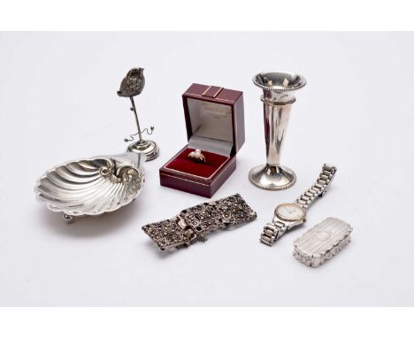 A silver mounted ring tree set with a novelty pin cushion in the form of a chick, together with a silver shell form butter di