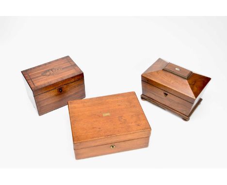 A 19th century rosewood tea caddy of sarcophagus form, 23cm wide (losses), together with an inlaid mahogany tea caddy, of rec