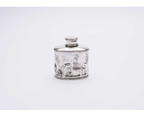 A Victorian silver tea caddy, import mark for London 1898, of oval form with embossed figural and landscape decoration, 11.cm