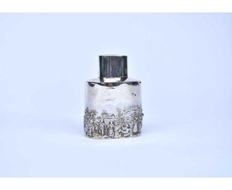 An early 20th century silver tea caddy, Birmingham 1905, of oval form with figural decoration, 10cm high, weight approx 3ozHa