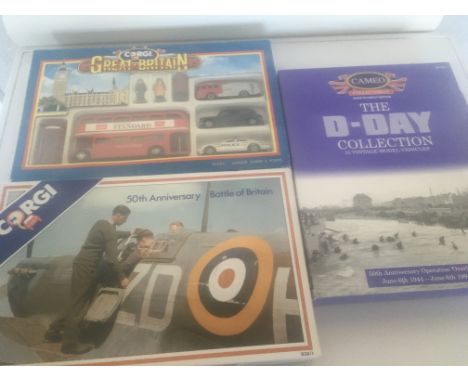 Three boxed sets of vehicles featuring D-Day. Battle of Britain and London. By Corgi NO RESERVE