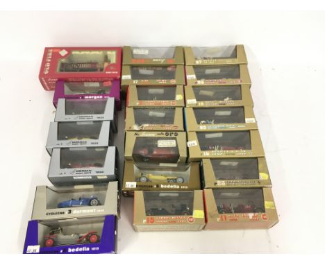 A collection of 21 boxed model cars by Brumm and others featuring vintage and historical vehicles.