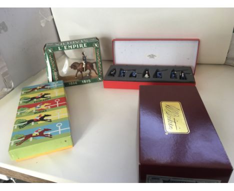 A collection of 3 boxed sets of metal figures including Britains 00090 Scots Guards drum and bugle set. Set of 5 horses for C