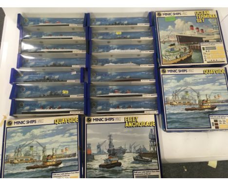 A collection of 14 x Minic model ships and accessory sets..Quayside..Ocean Terminal..Fleet Anchorage