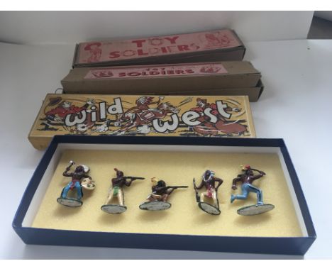 A collection of four sets of metal figures 3 by Britains and 1 by Charbens. Britain are cowboys and Indians plus soldiers. Ch