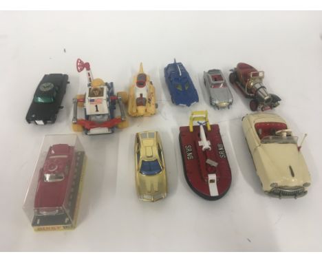 An assorted collection of 10 Playworn model vehicles including from James Bond. Green Hornet etc.