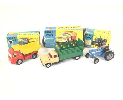 A Boxed Corgi Bedford Tipper Truck #494. A Dodge Livestock Transporter (No Animals) #484 and a Fordson Power Major Tractor #6