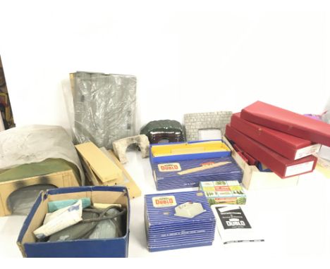 A collection of model railway accessories 00 gauge includes 2x transformers and a box of empty boxes. Mainly Hornby Dublo