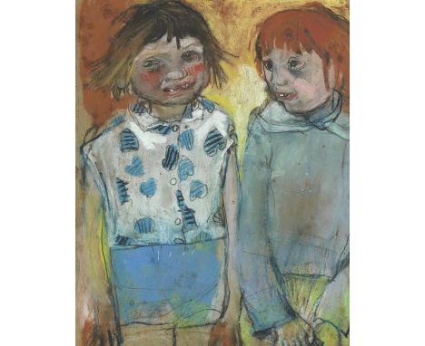 Joan Eardley RSA (British, 1921-1963)Two Girls  pastel on glasspaper27.6 x 23.1cm (10 7/8 x 9 1/8in).Studio inventory number 