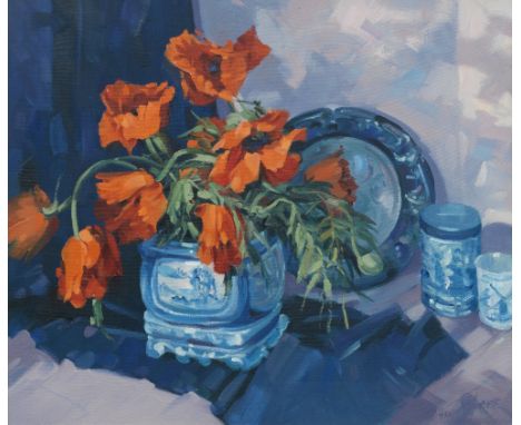 Helen M. Turner (British, 1937-2023)Willow pattern with poppies signed 'HELEN TURNER' (lower right)oil on canvas76 x 86cm (29