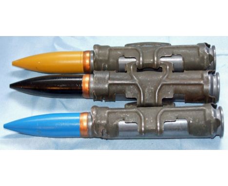 A mixed collection of ordnance to include three 27 mm rounds for use in the Mauser cannon, in disintegrating steel link with 