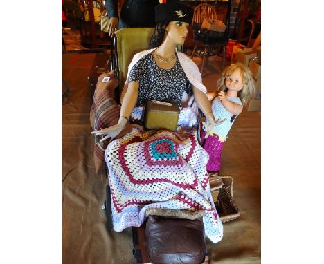 An Allwin WW1 Invalid's Chair, folding, along with mannequin and child mannequin