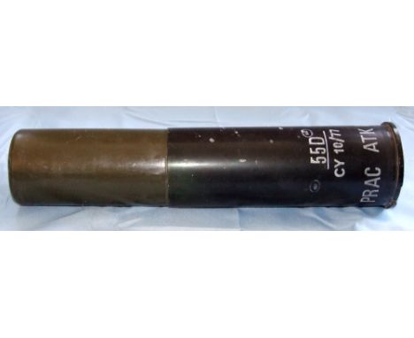 Three 84 mm Anti-tank Cartridge cases for the Carl Gustav recoilless rifles, black light alloy cases with green plastic proje
