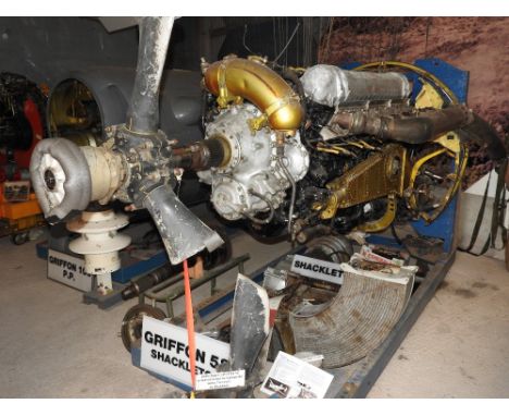 A Rolls Royce Griffon Mk.58 V12 engine on transit stand, including propeller hubs front and rear engine, no. 43841, ex. Avro 
