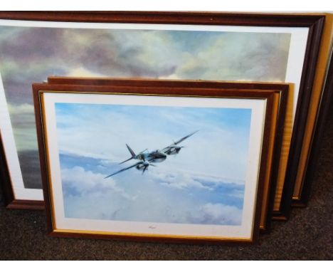 A collection of framed prints to include 'HMS Hermes', framed 'Spitfire' print, a framed print 'Victory over Dunkirk', signed