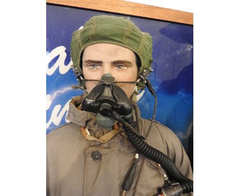 A standing mannequin wearing a pair of WWII flying gloves, flying boots, jacket and trousers