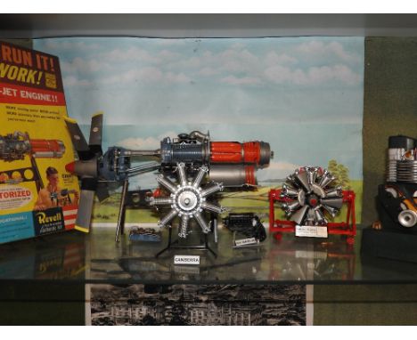 A constructed Allison prop-jet engine kit with original box by Revell along with a scale model of a Canberra engine, a Wright