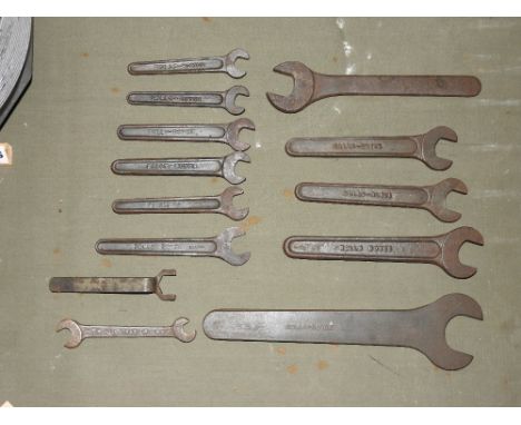 A selection of Rolls Royce and WWII spanners including a 3/16w-1/8 spanner dated 1943, nine graduated Rolls Royce spanners, t