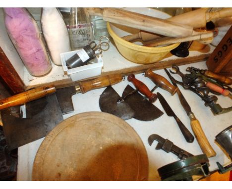 A collection of various hand cleavers and cutting tools (a lot)