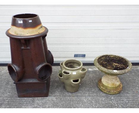 Lot to include chimney pot, 86 cm (h), bird bath and strawberry planter. [3]