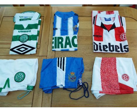 Football Shirts and Shorts - 3 sets comprising Fortuna Dusseldorf, Deportivo la Coruna, and Celtic, unused liquidated retail 