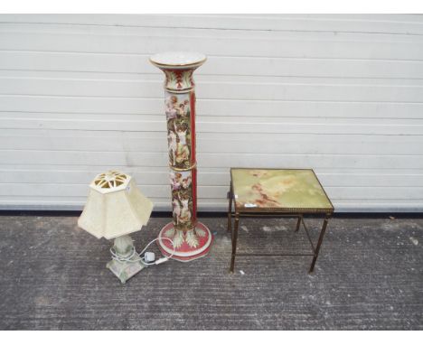 A Capodimonte jardiniere stand, approximately 97 cm (h), onyx and brass lamp or occasional table and a table lamp. [3]
