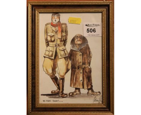 After John Rayson, 'His First Flight', a humorous aviation cartoon, coloured print. Framed and glazed. 