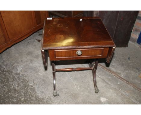 Small reproduction mahogany inlaid single drawer sofa type table. 