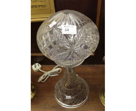 Mid 20th century cut crystal glass mushroom shaped table lamp with globular shade. 