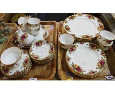 Two trays of Royal Albert 'Old Country Roses' bone china part tea ware items, comprising cups, saucers, various plates, milk 