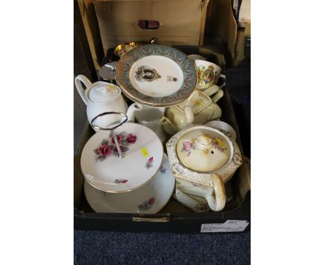 Tray of assorted china to include Crownford ware floral teapot on stand, various commemorative mugs, pottery Imari design tea