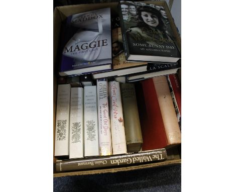 Two trays of assorted books to include Biblical Myths and Mysteries, The Biography of Prunella Scales, Maggie the First Lady,