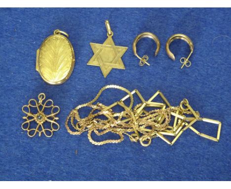 Bag of assorted gold and yellow metal to include locket, pair of 9ct gold earrings, Star of David, yellow metal thin fine cha