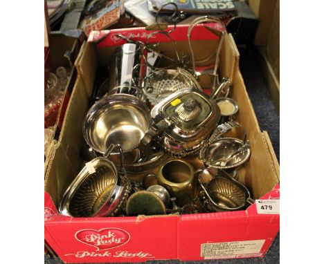 Tray of assorted metal ware to include various circular pierced trays, Georgian style teapot and matching jug, pair of dwarf 
