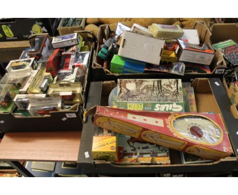 Three trays of assorted mainly boxed diecast model vehicles and vintage toys to include matchbox models of yesteryear, days g