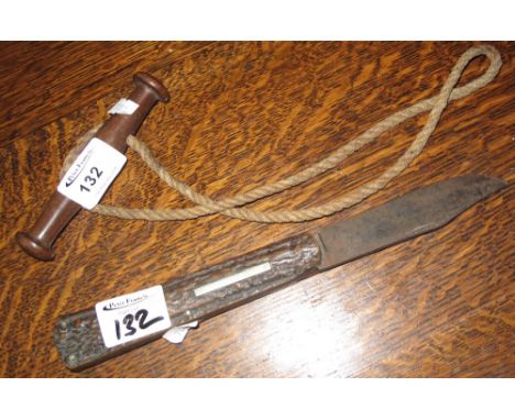 19th century folding pocket knife with horn scales together with a cord fish carrier having turned wooden handle. (2)