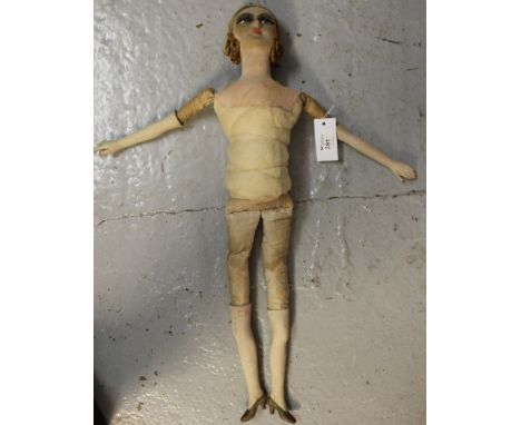 Mid 20th century fabric headed fashion doll, possibly Nora Welling's type with fabric filled body and ceramic limbs. 27.5" hi