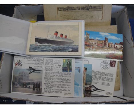 Box of assorted postcards to include shipping vessels, South Wales topographical Oxwich Bay, Swansea, First Day Covers, fligh