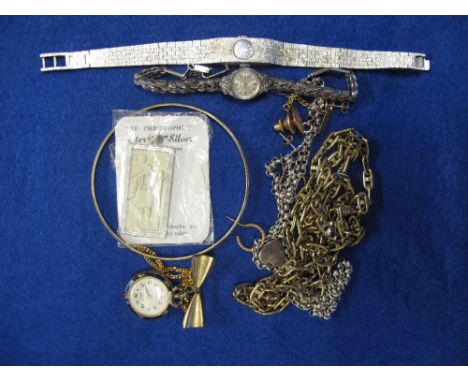 Bag of assorted costume dress jewellery to include ladies white metal wristwatches, fancy fob watch, yellow metal chains, ban