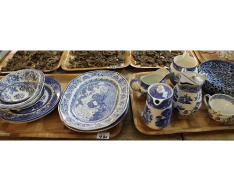 Four trays of various blue and white china to include Wedgwood willow plates, egg cups, cups, saucers, bowls etc. Wood & Sons