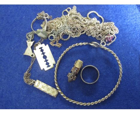 Bag of assorted white metal and silver items to include bracelet charm, ingot, various chains, dress ring, bangle, jasper war