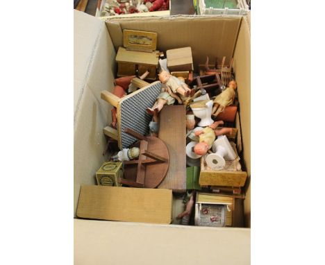 Box of assorted miniature child's wooden ceramic and other furniture and accessories to include tables, chairs, wardrobe, bat