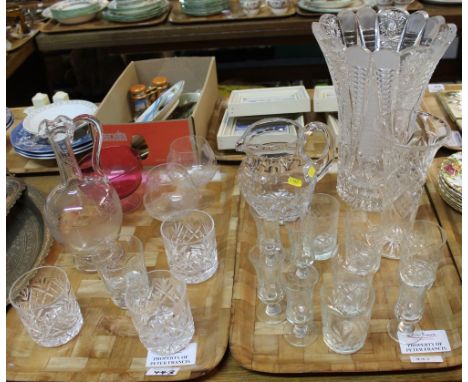 Two trays of assorted glassware to include Royal Doulton star cut glass whiskey tumblers, other drinking vessels, etched balu