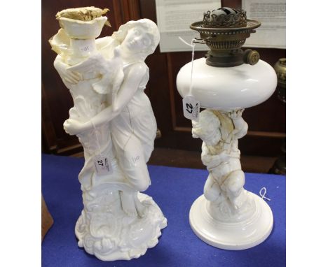 Late 19th century Copeland's china white glazed figural oil lamp. Together with another similar by Moore & Sons, Worcester. (