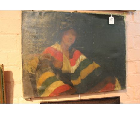 Portrait of a young woman in brightly coloured shawl, oils on canvas. Unframed.  CONDITION REPORT: Paint loss to the left han